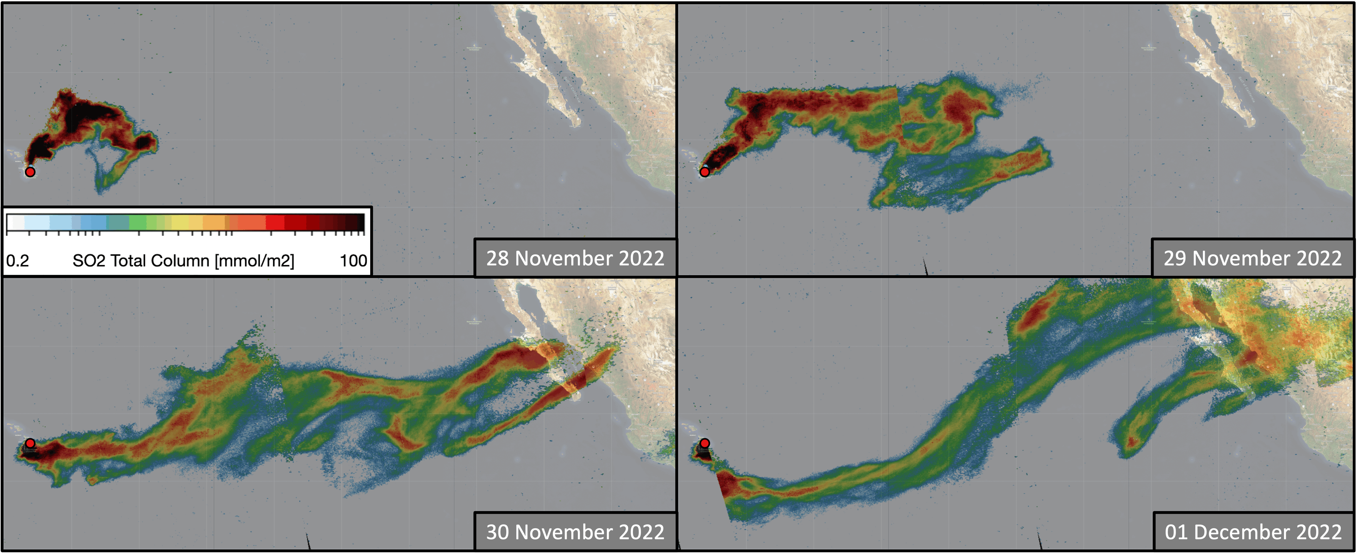 Regional image of TROPOMI SO2 total column, 20231128 to 29231201